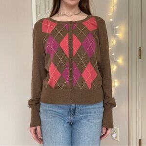 Brown and Pink Argyle Cardigan